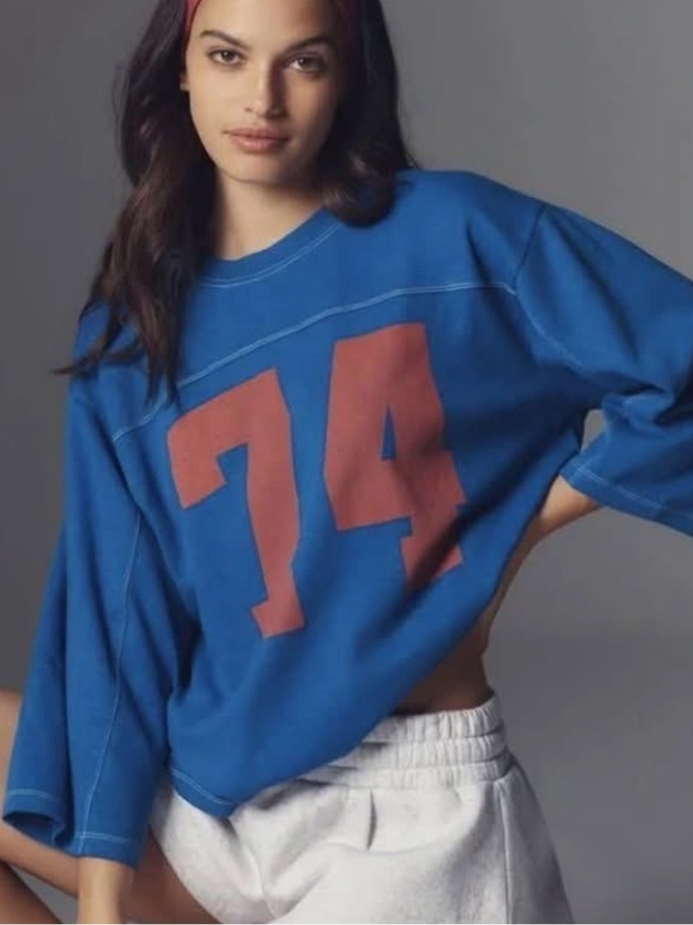 Pilcro Blue Cropped Sweatshirt with Rust Red '74' Graphic